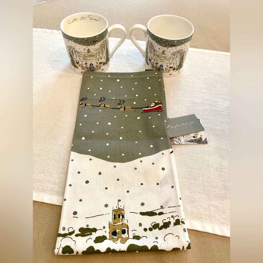 NWTs. (2) Festive Forest “Let It Snow” Mugs and (1) Kitchen / Tea towel.